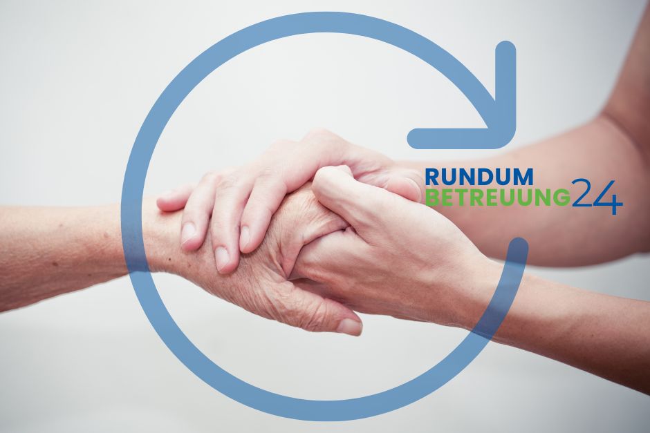 Frauenhände halten die Hand einer älteren Frau. Darüber liegt ein Rundkreis in blau mit dem Logo der Rundumbetreuung24 zum Thema Was sind Pflegesachleistungen